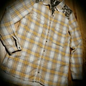 FREE PEOPLE Oversized Plaid Shirt with Sequins L